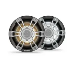 Fusion Signature Series 3i Marine Speakers, 6.5" 230-watt CRGBW Coaxial Sports Grey Marine Speakers (Pair) gold and silver