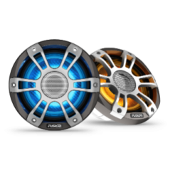 Fusion Signature Series 3i Marine Speakers, 6.5" 230-watt CRGBW Coaxial Sports Grey Marine Speakers (Pair) blue and orange