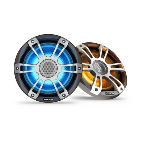 Fusion Signature Series 3i Marine Coaxial Speakers 7.7" 280-watt CRGBW Coaxial Sports Grey Marine Speakers (Pair) Blue and Gold RGB